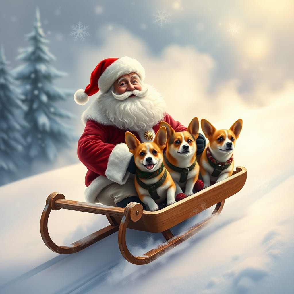 Santa sledding with the three corgis on a snowy day ethereal...