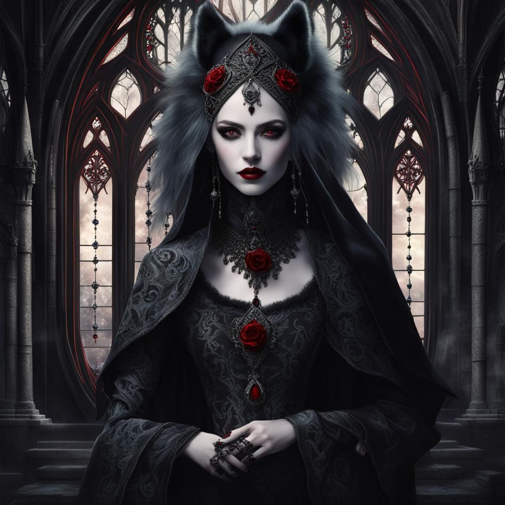 Gothic Woman and Wolf in Dark Fantasy Artwork