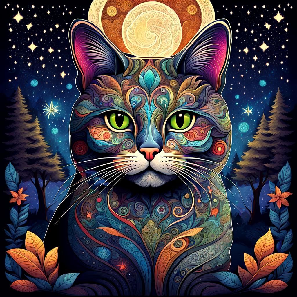 Fractal Cat in Starry Forest: Stylized Digital Art
