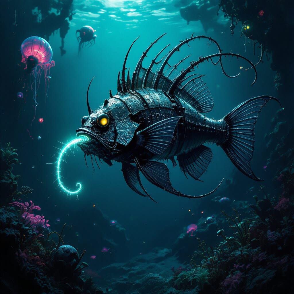 Biomechanical Anglerfish in Alien Ocean, Gothic Sci-Fi Art