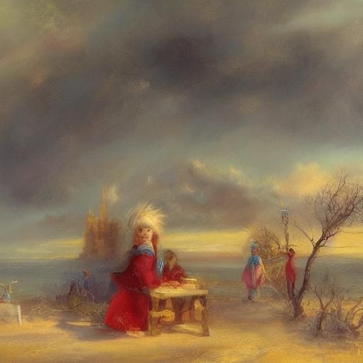 Vampires Building Sandcastle in Naive Art Style