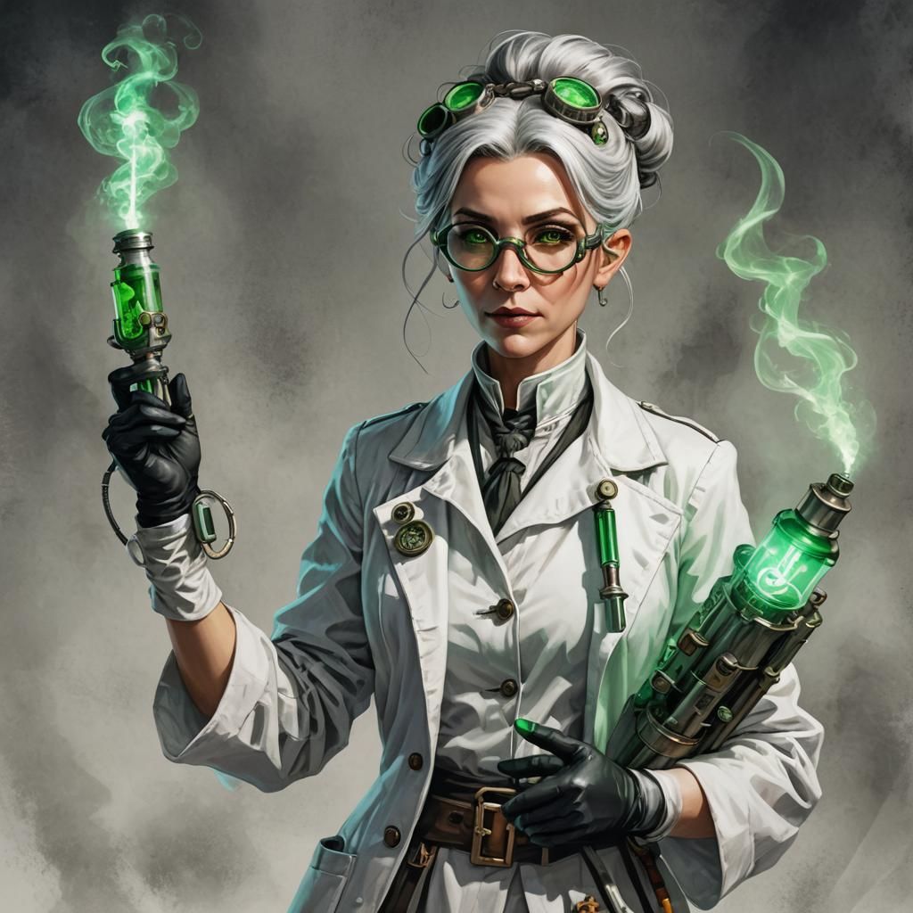 Steampunk Alchemist Priestess with Glowing Syringe