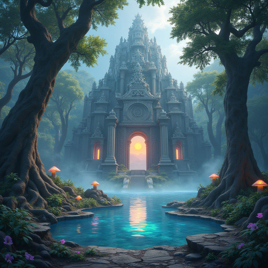 Mystical Water Temple in Ancient Forest