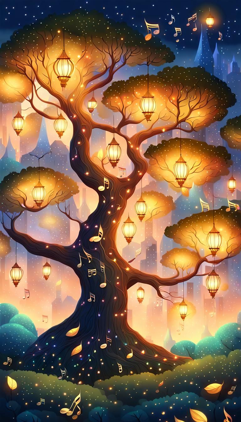 Enchanting Tree with Musical Branches at Dusk