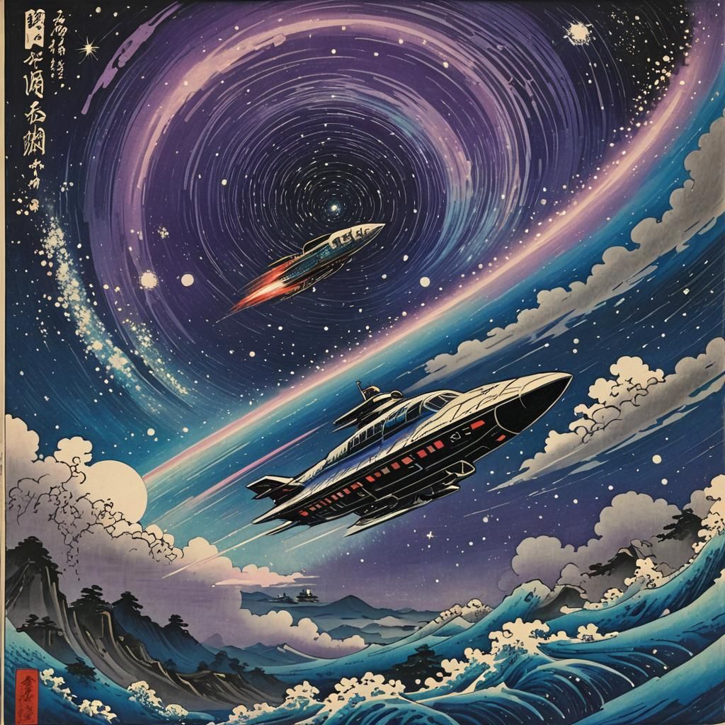 Ukiyo-e Spaceship Soaring Through Starry Galaxy