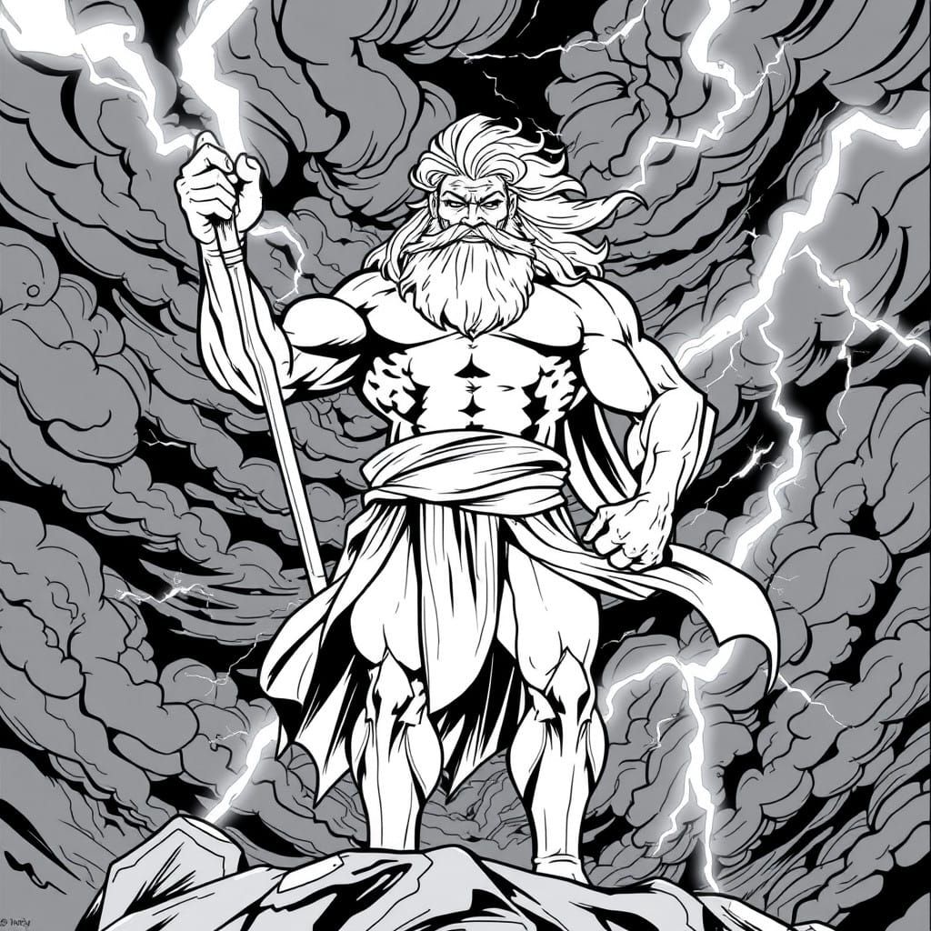 Zeus with Lightning Bolt in a Dramatic Black and White Carto...