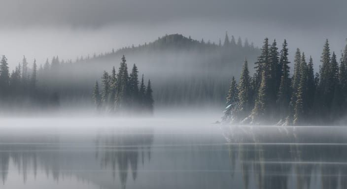 Foggy morning light, Alaskan pine trees along the coast of t...