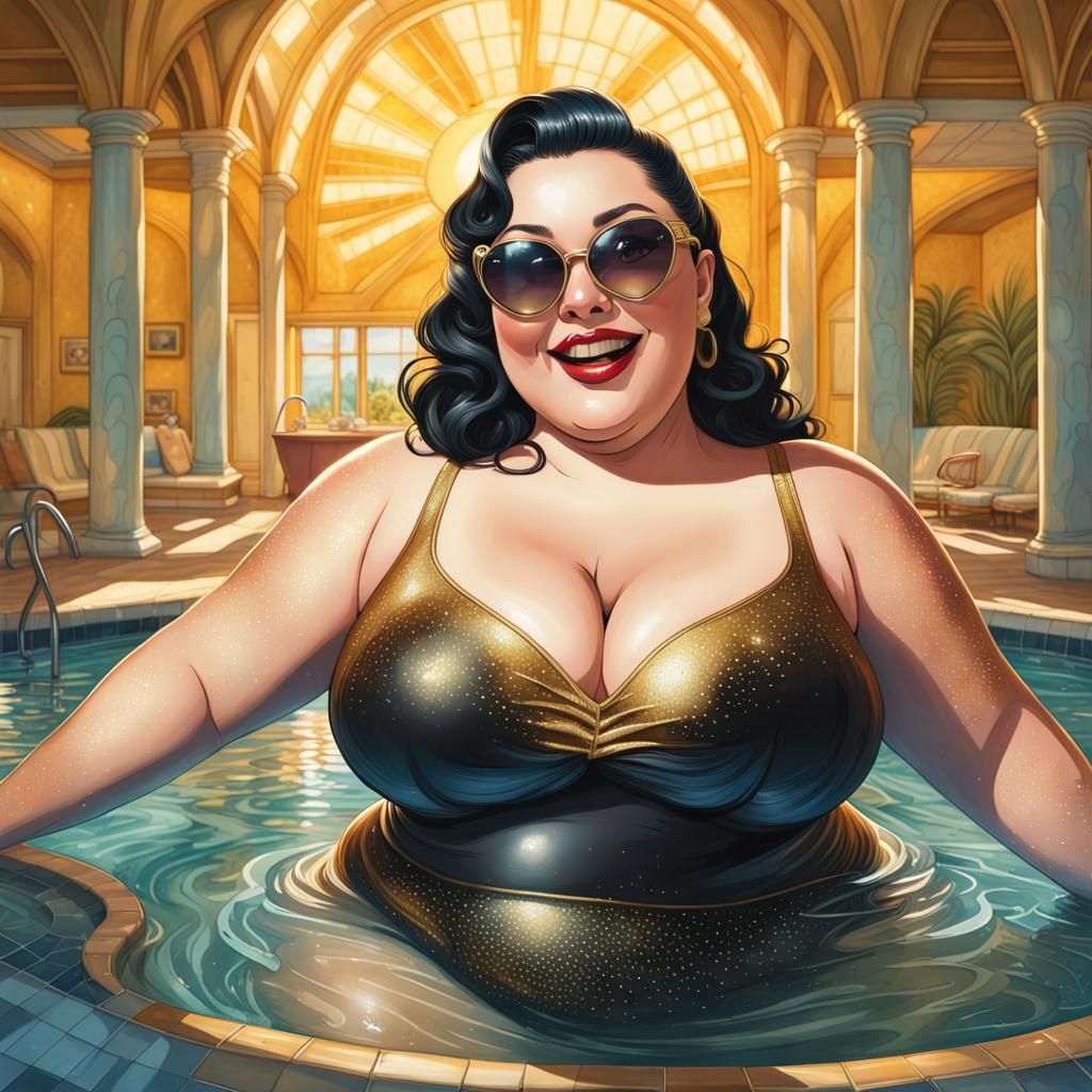 Sparkling Pin-Up: Curvy Model in Golden Swimsuit