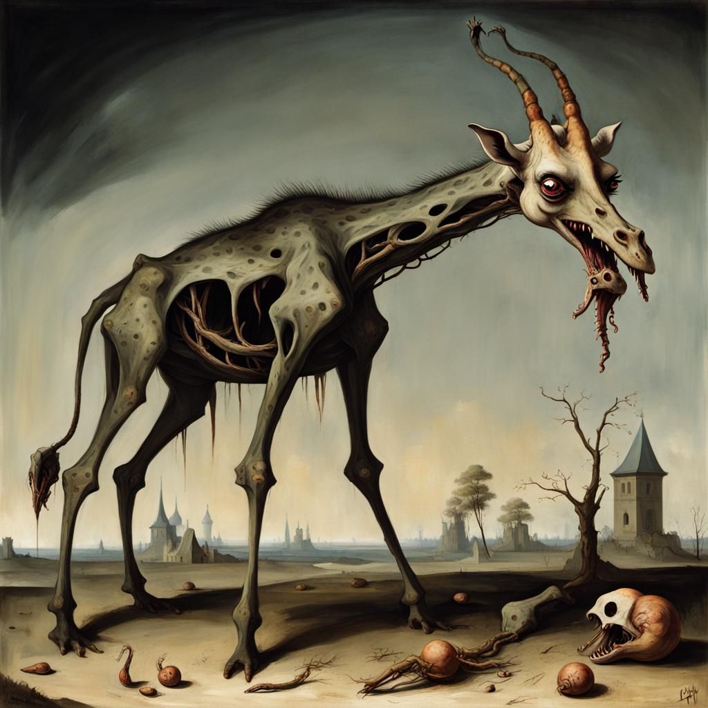 Sinister Giraffe Monster Eating Bones in Renaissance Style