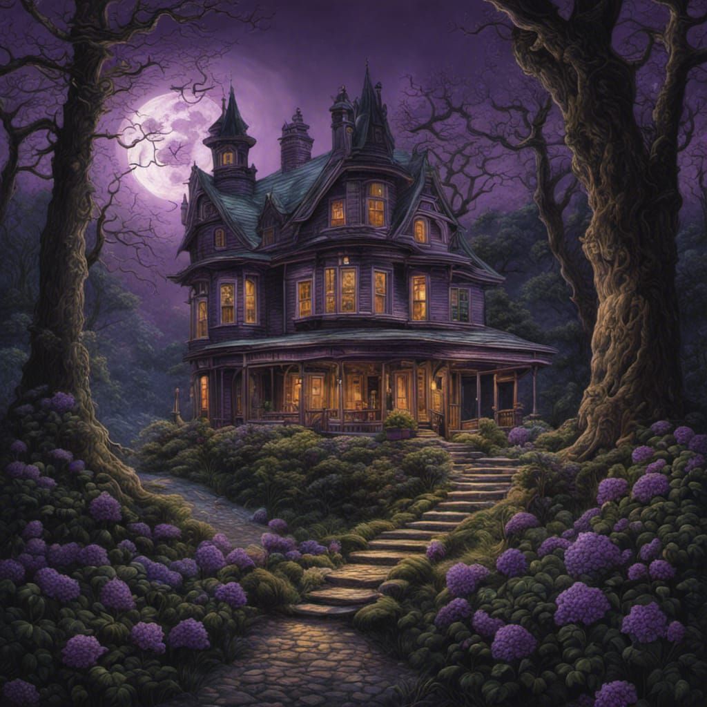 Haunted House in Forest with Violet Moon