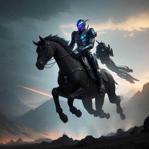 Cybernetic Horse Leaping Through Futuristic Landscape