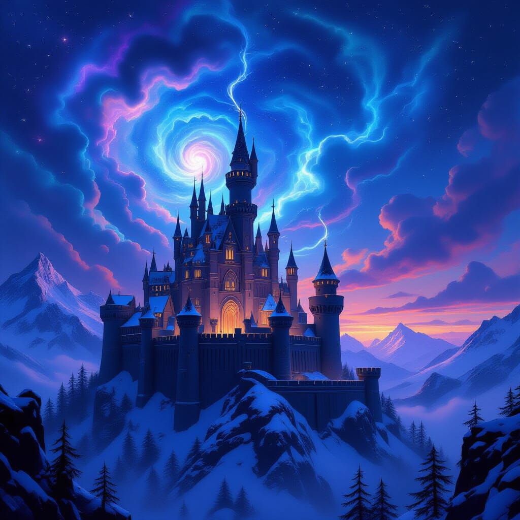 Ancient Castle in Bioluminescent Nebula Sky