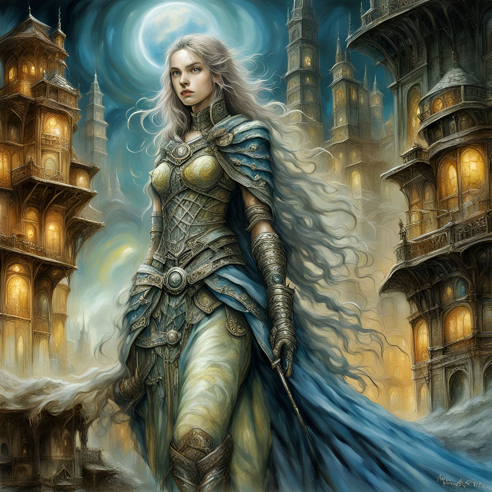 Medieval Warrior Woman, Fantasy Buildings
