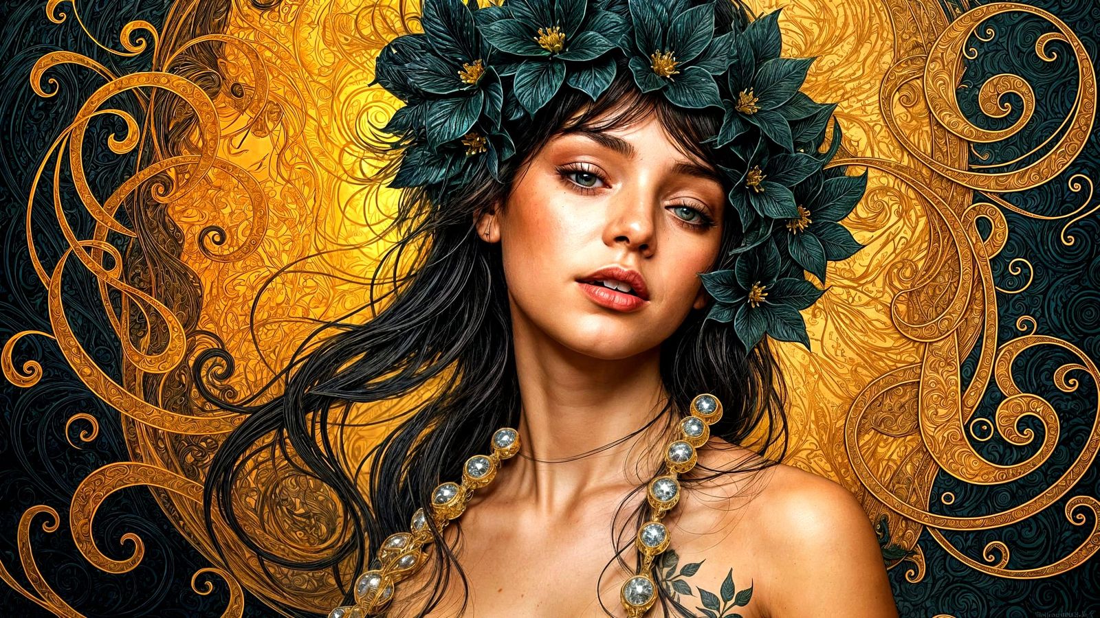 Magical Woman with Flowers Art Nouveau Style