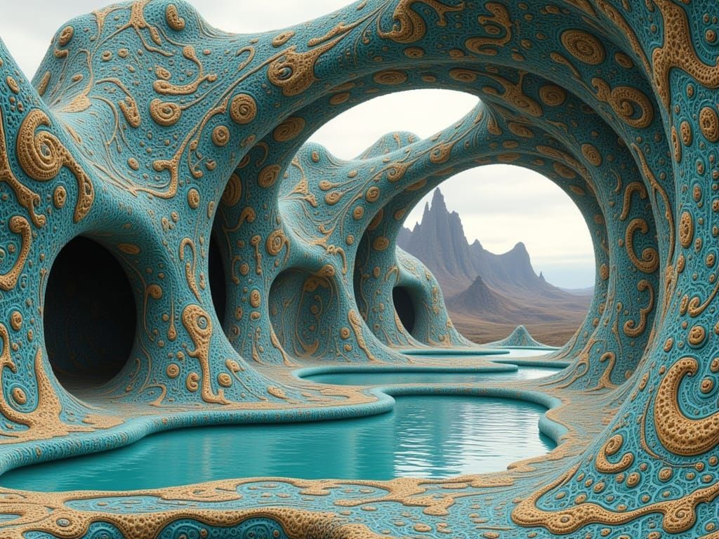 Ethereal Biomorphic Gateways amidst Turquoise and Gold Patte...