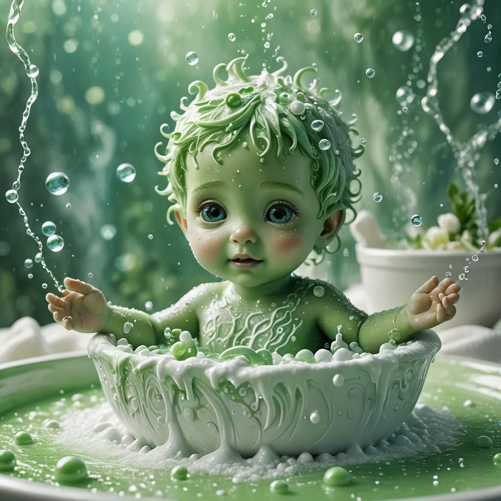 Cute Green Baby Splashing in Foamy Basin