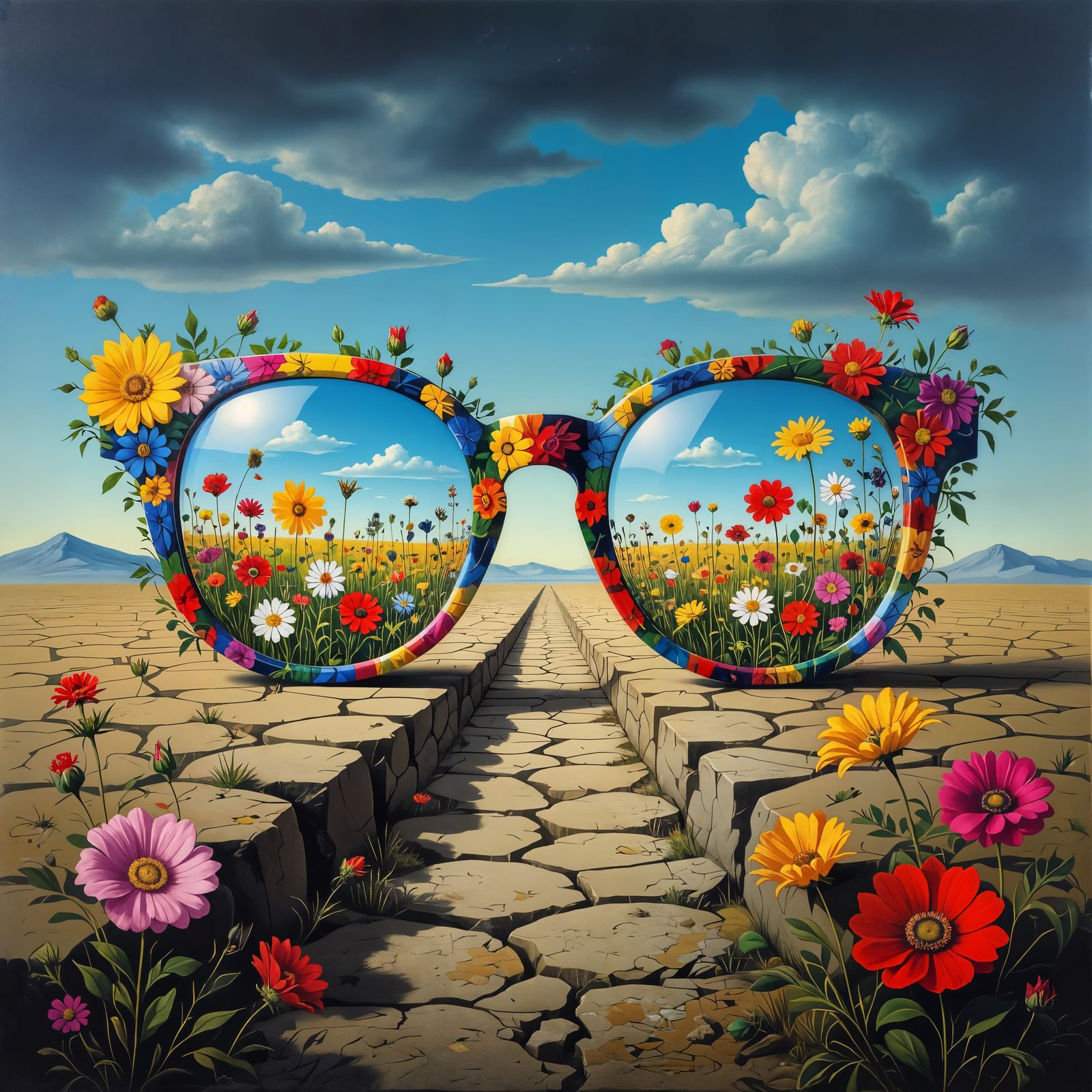 Glasses Reflecting Floral Meadow Under Blue Sky