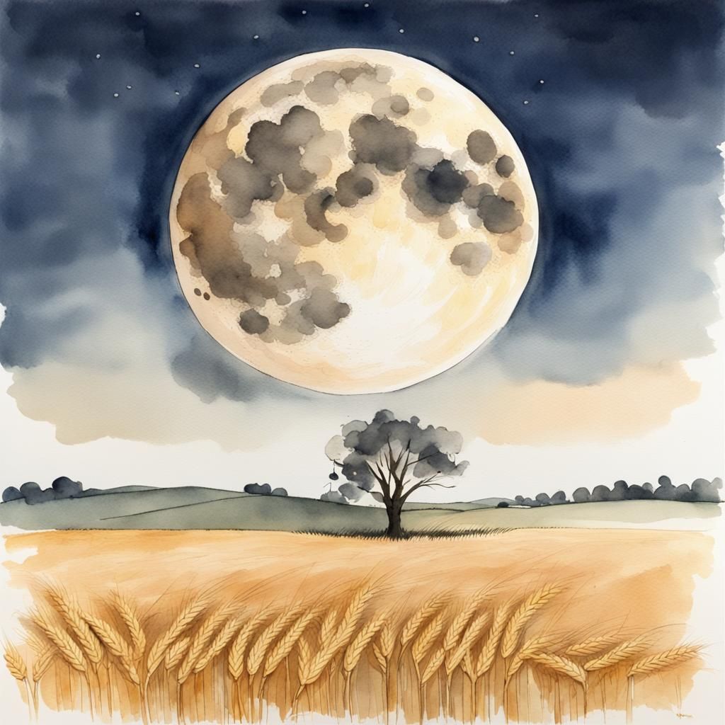 Watercolor Harvest Moon Over Wheat Field
