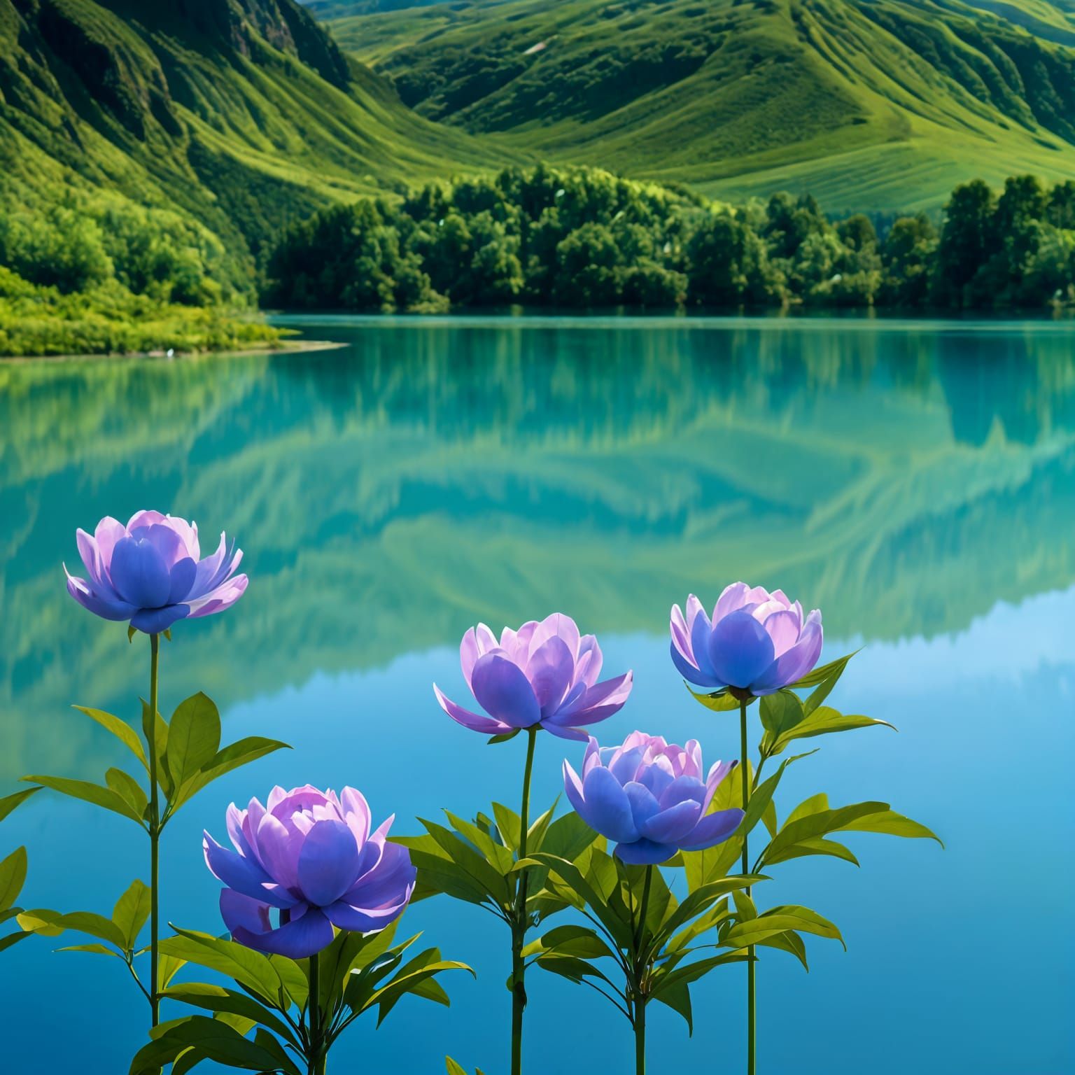 Blue pionies at a lake