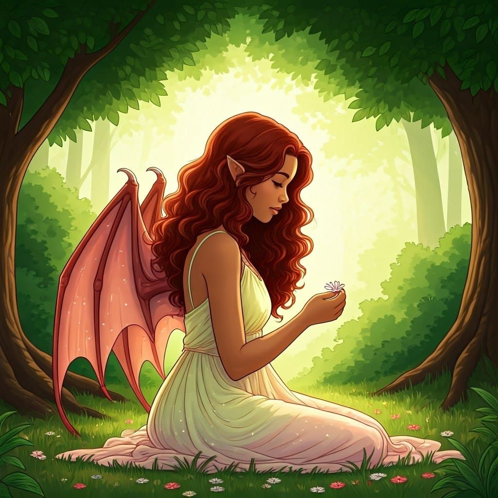 Girl with Dragon Wings in Spring Forest, Comic Book Art