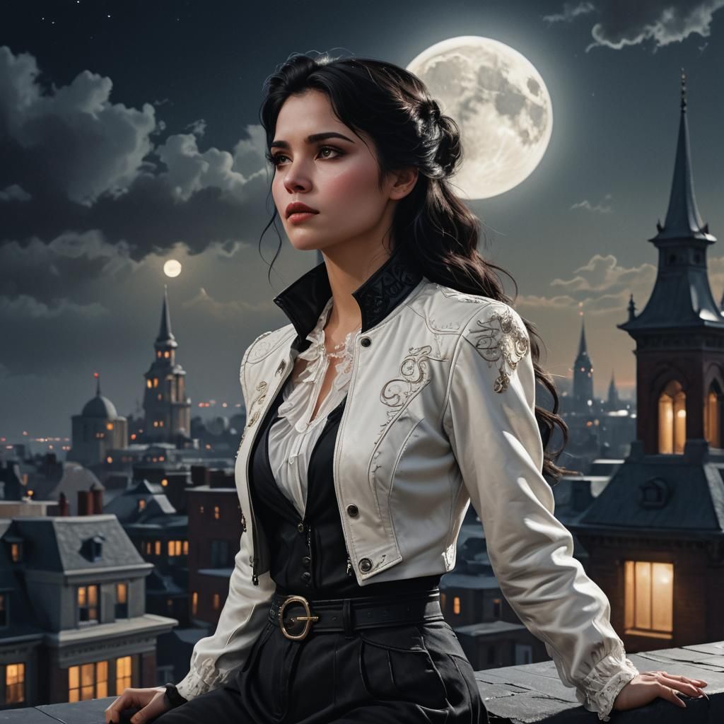 Woman Gazing at Moon in Matte Painting Style