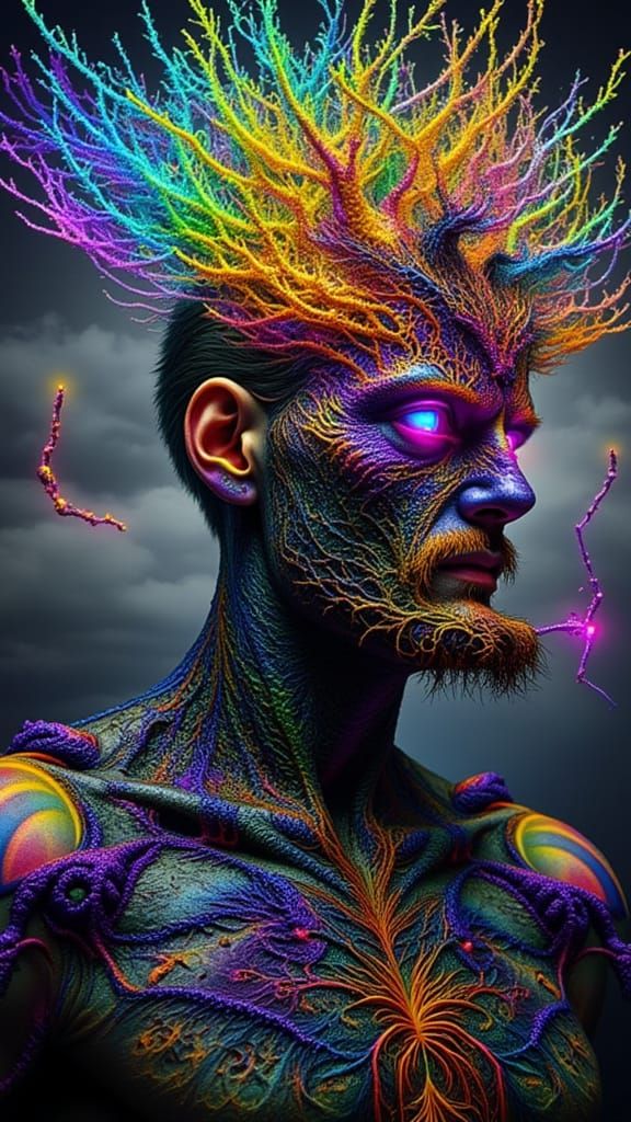 Fractal-Faced Man in Surreal Biomechanical Dreamscape