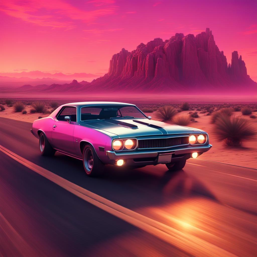 Vaporwave Muscle Car at Sunset: Detailed Matte Painting