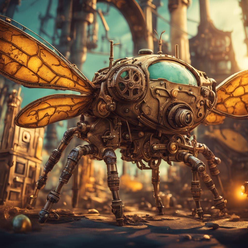 Steampunk Insects Constructing Miniature Town on Leaf