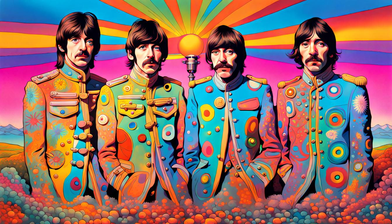 The Beatles as cartoons in a psychedelic cartoon landscape pop surrealism, hyperdetailed underground comic style of Pete...