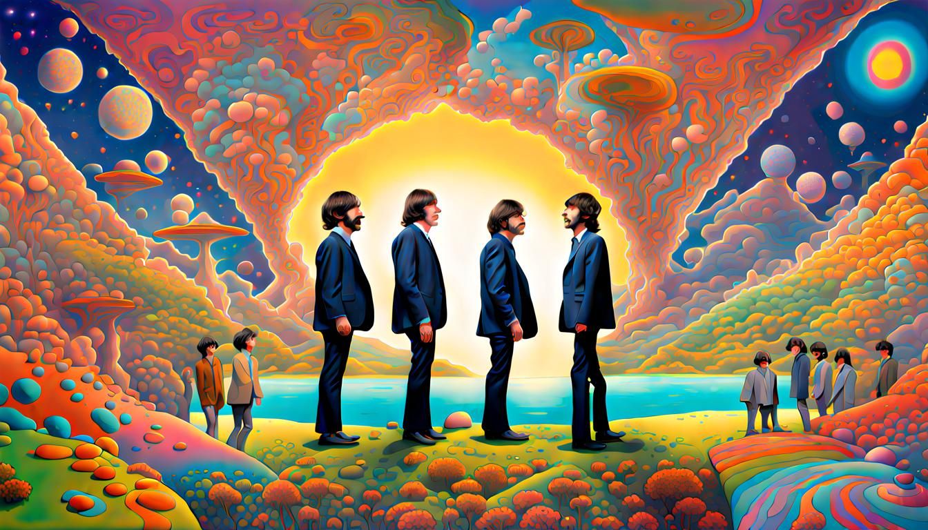 The Beatles as cartoons in a psychedelic cartoon landscape pop surrealism, hyperdetailed underground comic style of Pete...