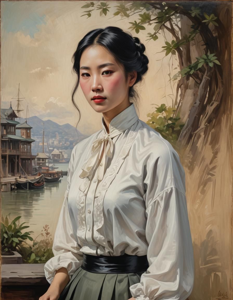 A beautiful young Victorian Chinese woman in a white blouse and skirt in Victorian era San Francisco, half body potrait,...