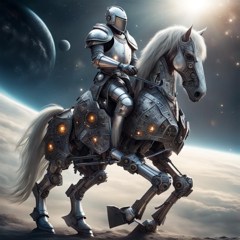 Knight on Robot Horse in Space, Hyperrealistic