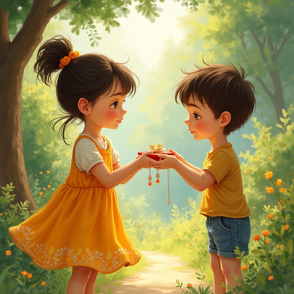 Girl Receives Gift in Rockwell-esque Garden Scene