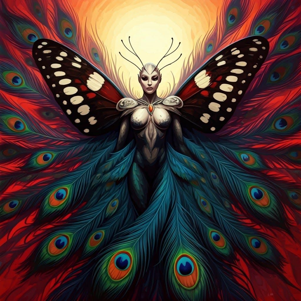 Butterfly Woman with Peacock Feathers in Comic Art Style