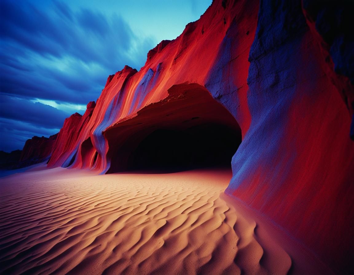 Mysterious Red Cave Entrance at Night: Dreamy Photography