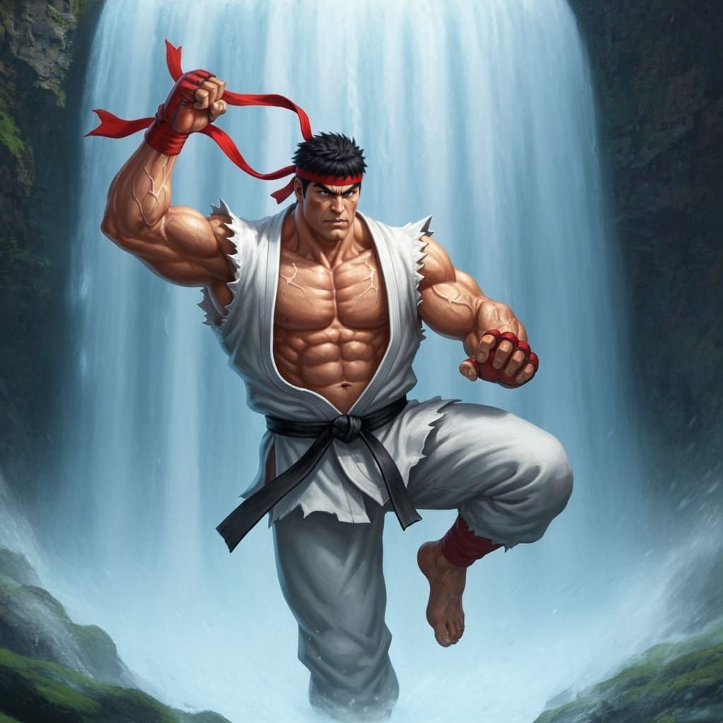 Muscular Ryu Jumps at Waterfall in Street Fighter Pose