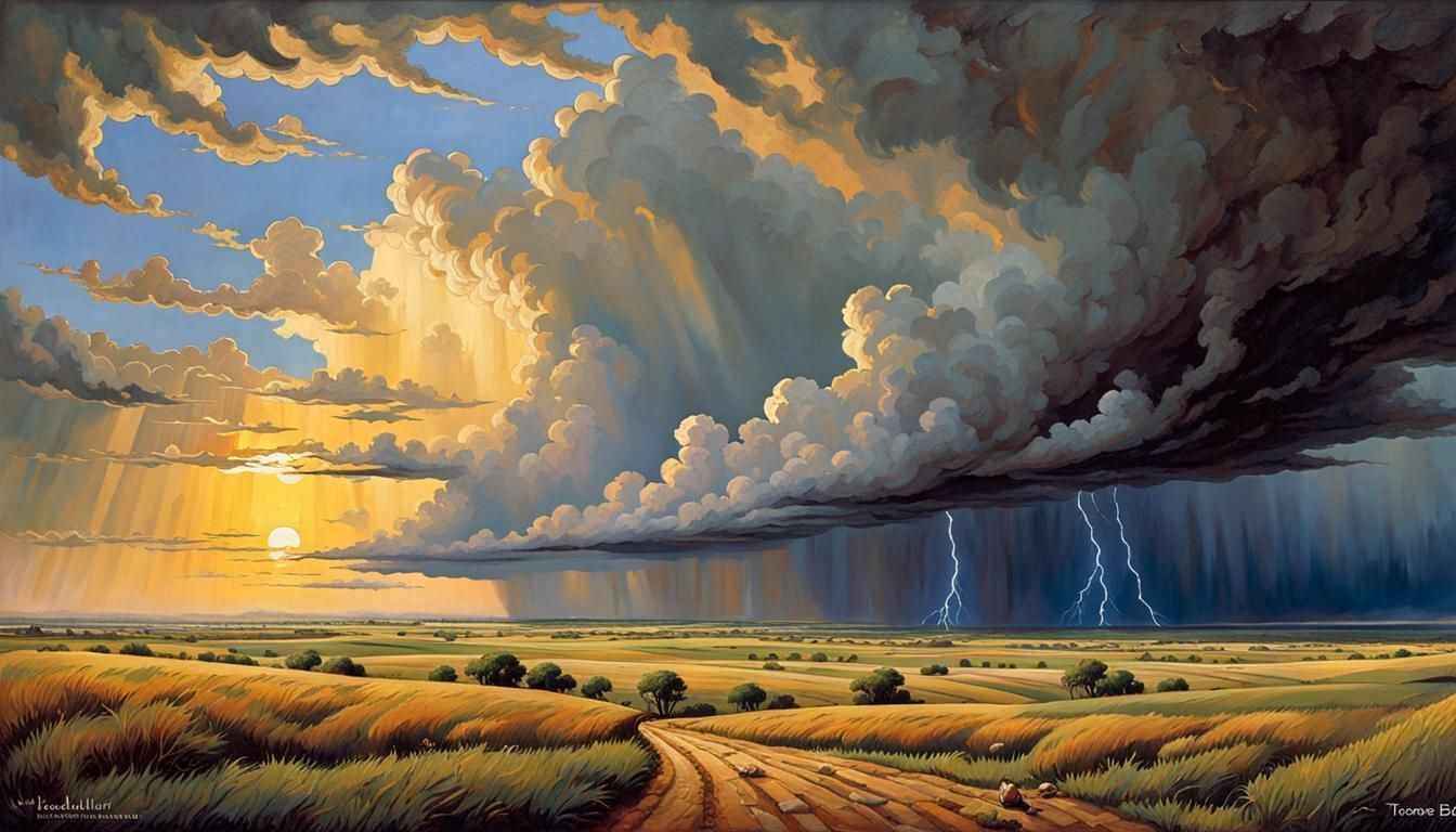 Stormy Prairie Landscape in Classic Painting Style