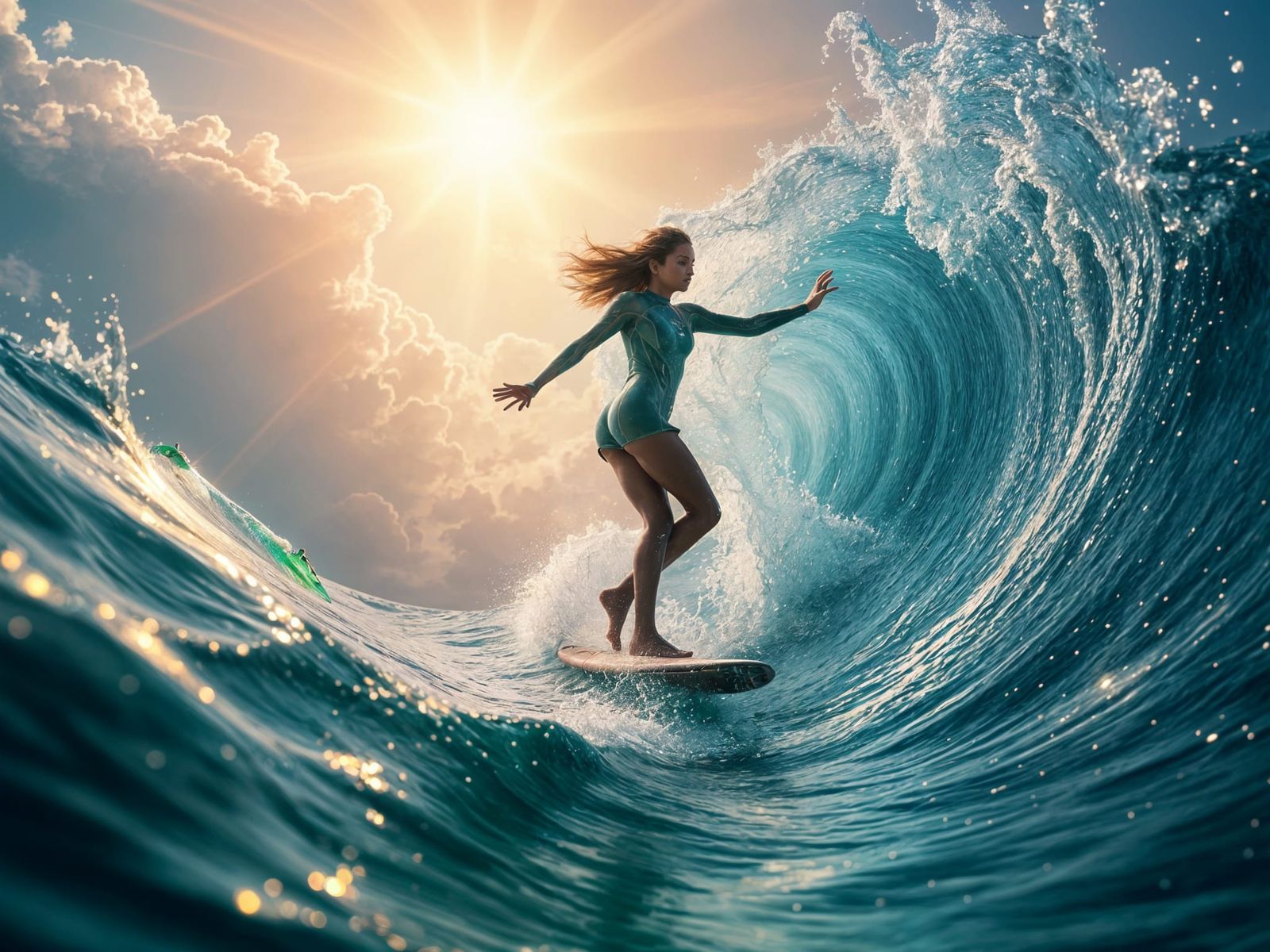 Surrealistic Digital Art of Surfer Girl Dancing in Iridescen...