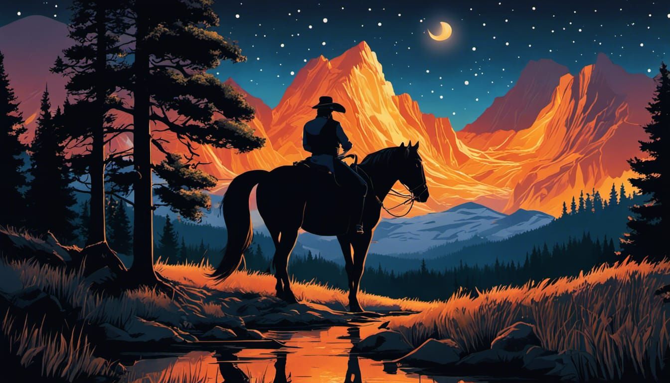 Cowgirl and Horse Portrait at Night in Comic Art