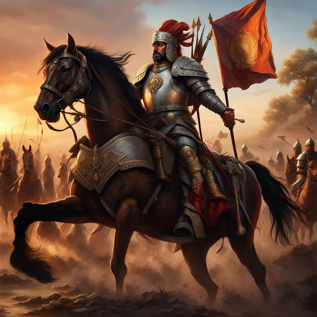 Imaginory Indian style king and army going for war.