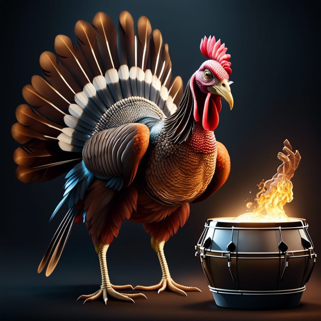 Hyperrealistic Turkey Drummer on Stage: Digital Art