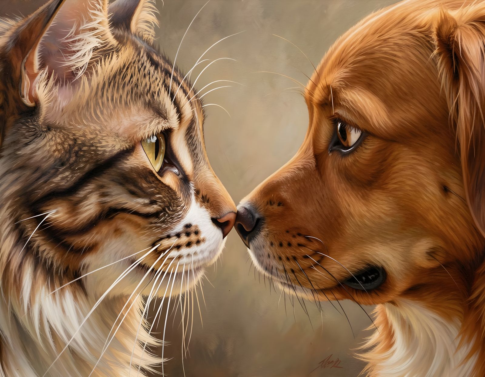 Intricate Close-Up of Cat and Dog Noses Touching