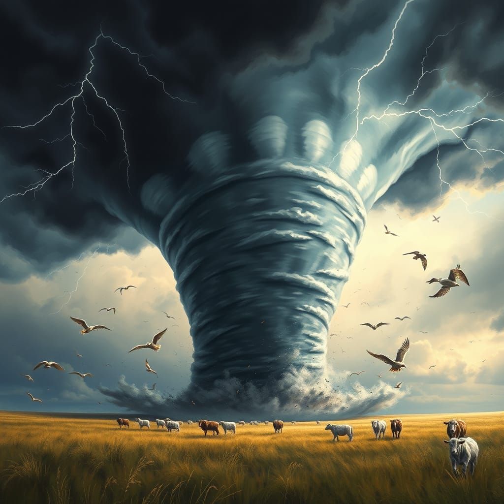 Giant Tornado Lifts Livestock in Whimsical Surrealist Style