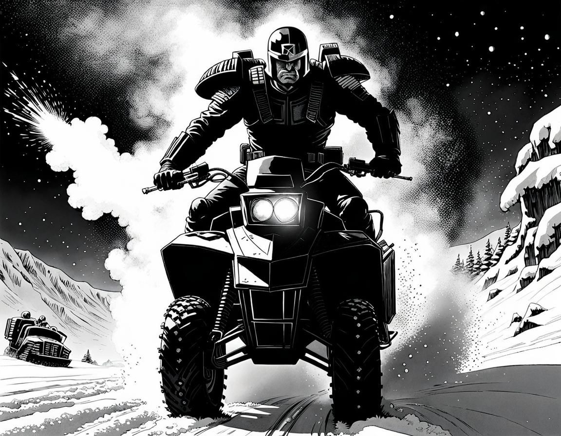 Judge Dredd on Snowmobile: Gritty Comic Art