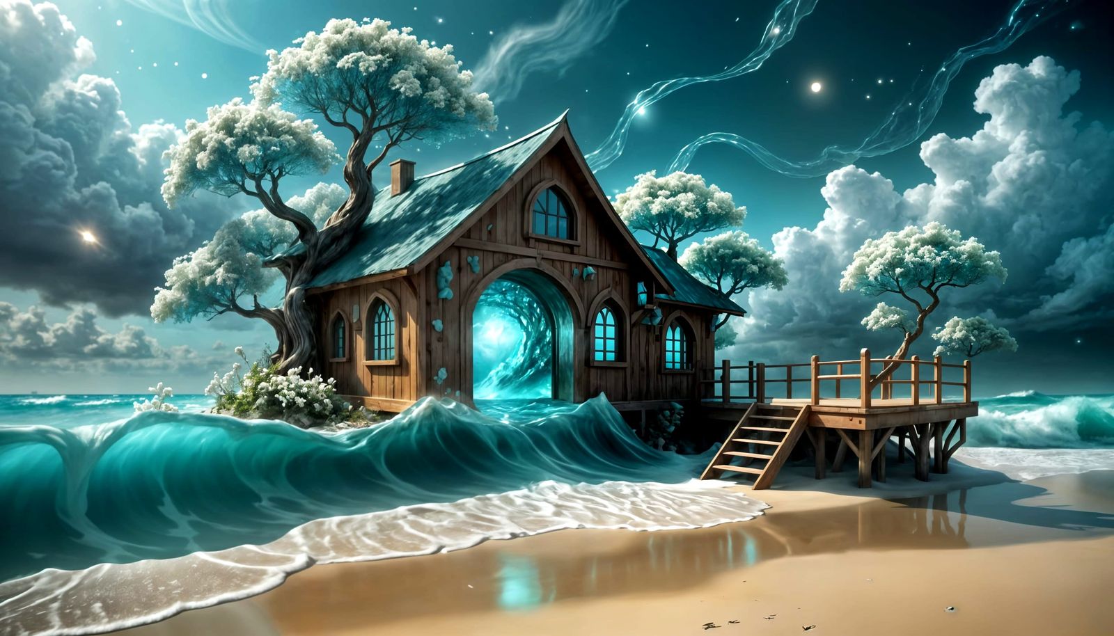 Enchanted Wooden Mansion with Celestial Portal