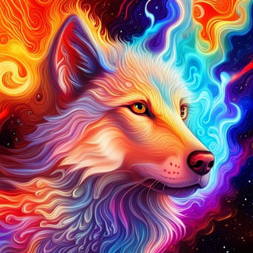 Fiery Wolf in Holographic Cosmic Art Style