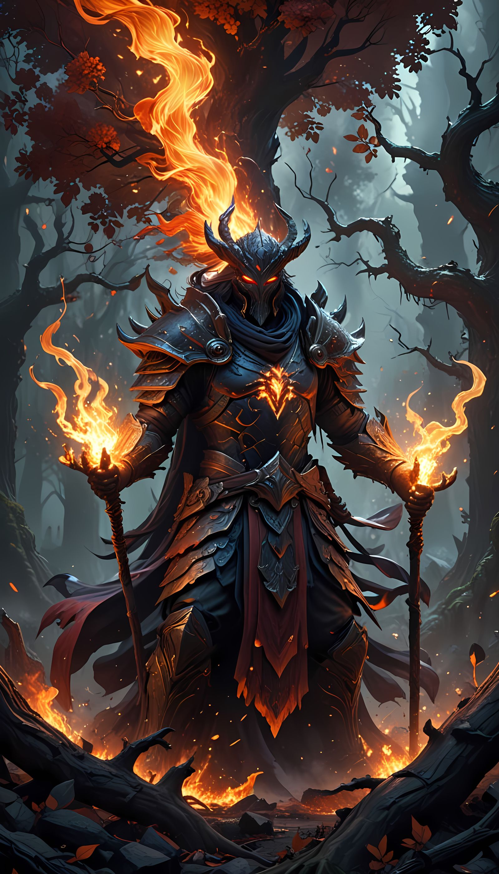 Dark Lord Commands Fiery Tree Guardian in Epic Fantasy Battl...