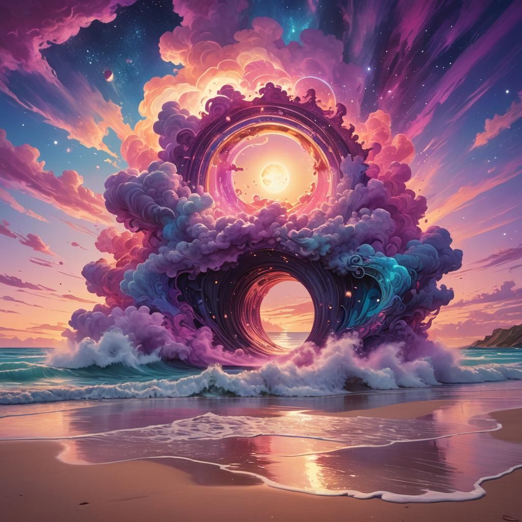 Astral Being Emerges from Cosmic Portal at Sunset