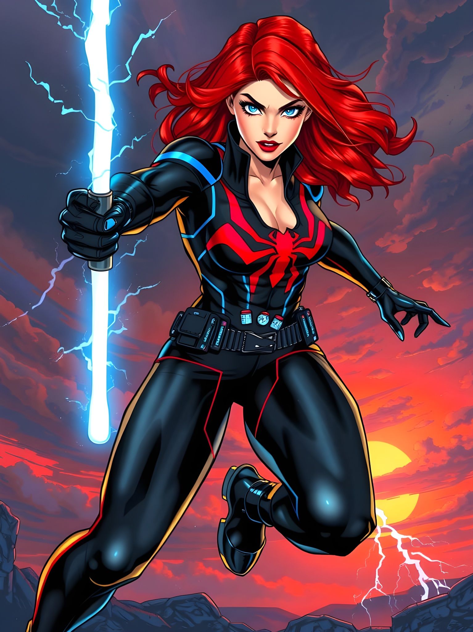 Sultry Black Widow Powers Up with Electric Blue Fury