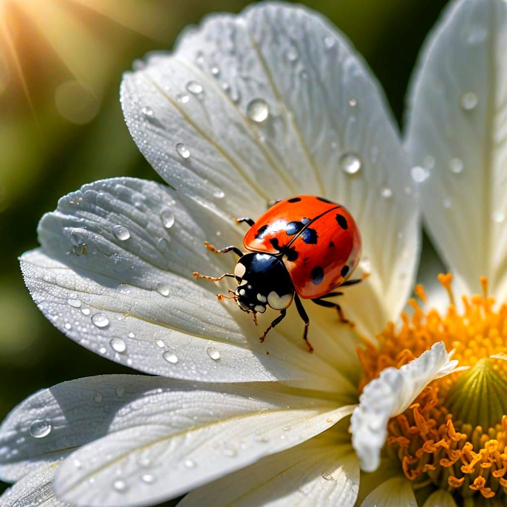 Delicate Lady Bug on a White Flower Petal in Soft Focus